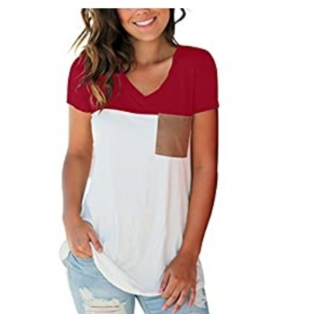 Red and white stretch tee with suede pocket